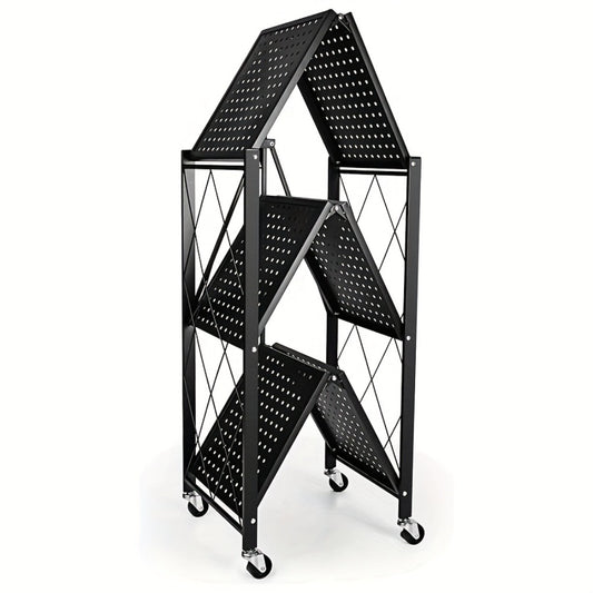 3 Tier Foldable Storage Rack with Wheels Heavy Duty Black Iron Shelving Unit for Garage Kitchen Pantry Utility Multi-Purpose Organizer