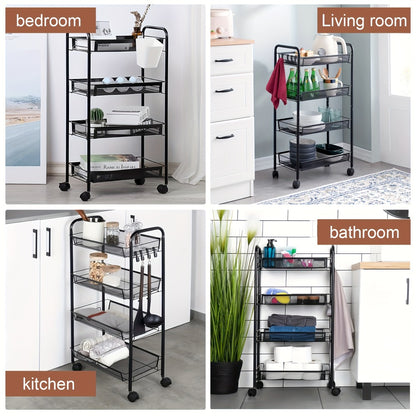 Rolling Storage Cart on Wheels – 3/4/5 Tier Carbon Steel Wire Basket Trolley, Black Metal Utility Cart for Kitchen, Bathroom, Bedroom, Office & Living Room, Space-Saving Detachable Shelving Unit