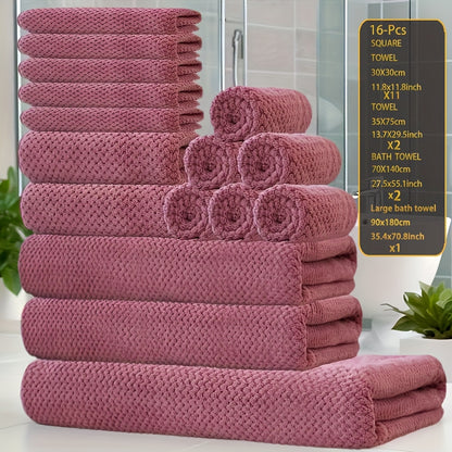 Coral Fleece Bath Towel Set 16 Piece 300GSM - Extra Large Bath Towel Washcloths Square Towels Soft Absorbent Quick Dry | 11 Colors | Hotel Home Travel Spa Gift Complete Bathroom Towel Collection