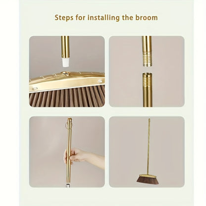 Broom and Dustpan Set Premium Golden Stainless Steel Extra Long Handle Microfiber Bristles V-Shape Leakproof Dustpan Heavy Duty Indoor Outdoor Sweeper for Kitchen Patio Hardwood Tile Floor