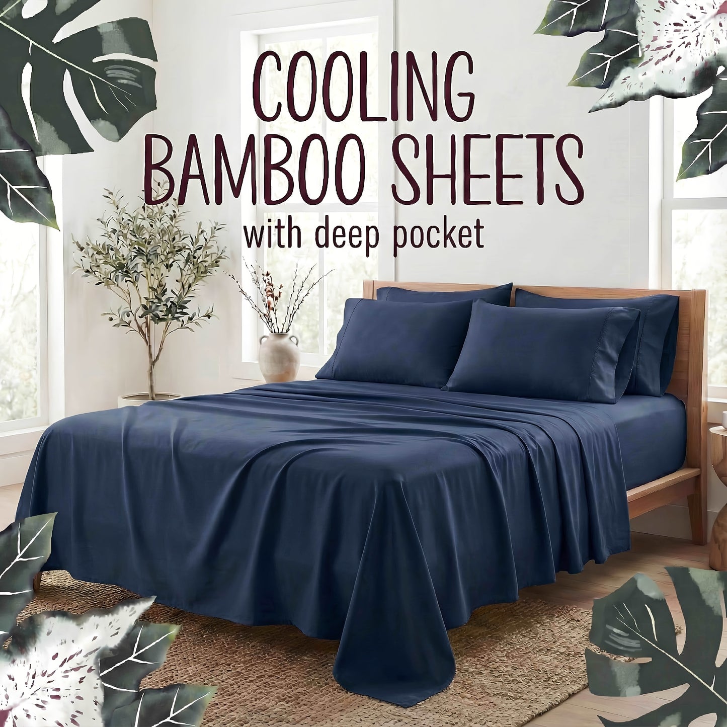 Bamboo Fiber Bed Sheet Set 4-Piece – Cooling Sheets, Hypoallergenic, Deep Pocket Fitted Sheet, Wrinkle-Free Bedding for All Seasons, Twin Full Queen King