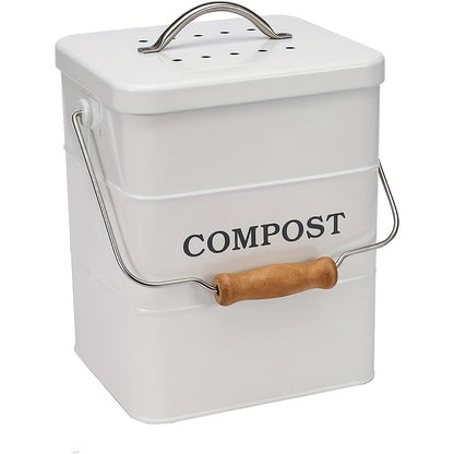 Kitchen Compost Bin 1 Gallon with Charcoal Filter & Wooden Handle, Odor-Free Indoor Countertop Food Waste Bin, Metal Compost Bucket for Home Kitchen, Available in Black, White, Gray, Green