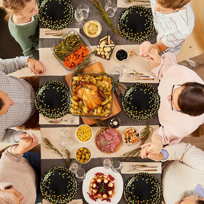 Disposable Party Supplies Set 150 Piece Black and Gold - Paper Plates, Napkins & Forks for 50 Guests, Elegant Tableware for Birthday, Wedding, Graduation & Holiday Celebrations