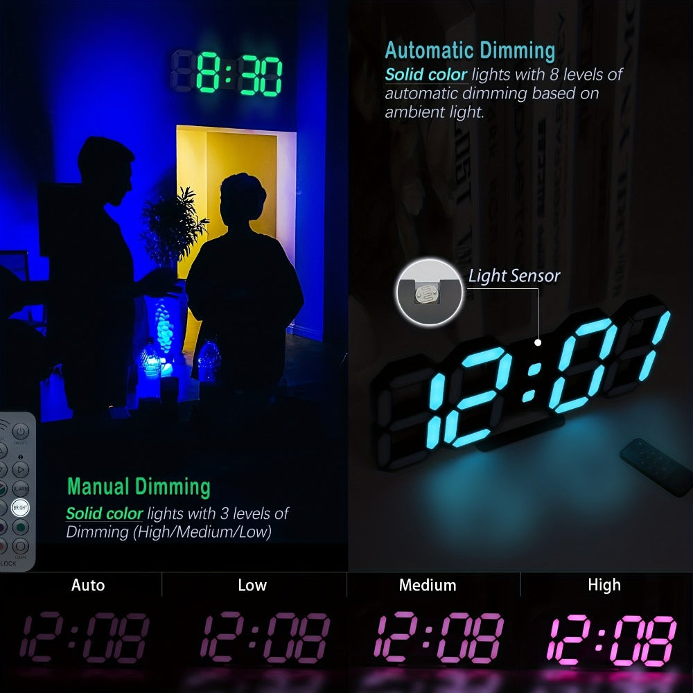 Digital Wall Clock RGB Neon LED 9.7" Large Display – Aesthetic Alarm Clock with Remote Control, Adjustable Brightness, Date & Temperature Display for Bedroom, Living Room, Office & Gym