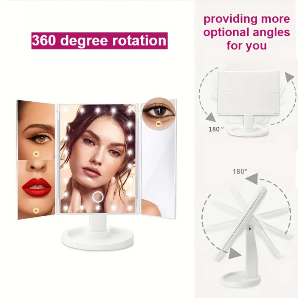 LED Tri-Fold Makeup Mirror with Touch Screen – 1X/2X/3X/10X Magnifying Vanity Mirror, Flexible Adjustable Base, Lighted Travel Mirror for Makeup Desk, Bedroom & Bathroom | Gift for Women