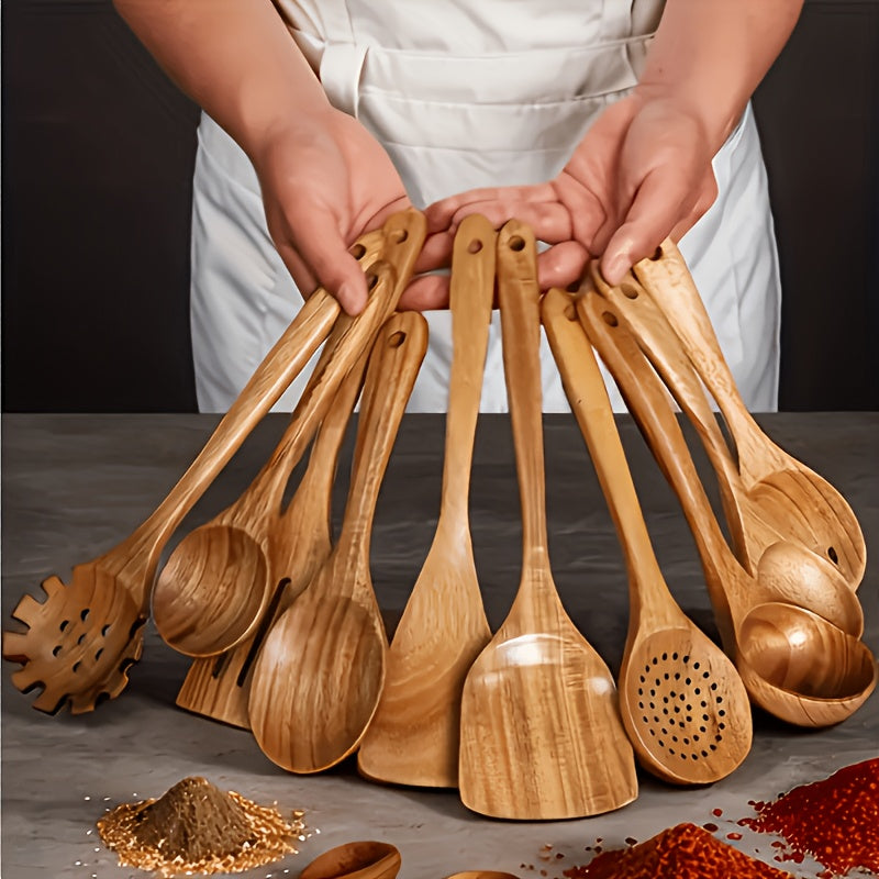 Wooden Kitchen Utensils Set – Natural Wood Spoon Spatula & Wok Spatula with Ergonomic Handle, Heat-Resistant Non-Stick Safe Cooking Tools, Easy to Clean Durable Kitchen Essentials (5 / 6 / 10 Piece Sets)