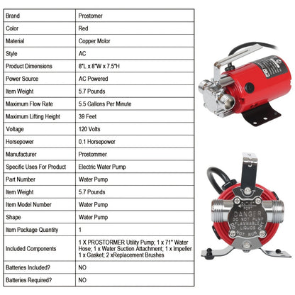 Portable Electric Water Pump 330 GPH – 1/10 HP 120V Heavy Duty Utility Pump with Hose, High-Flow Water Transfer Pump for Pool Drain, Flood Removal, Sump, Aquarium & Household Water Transfer (AC)
