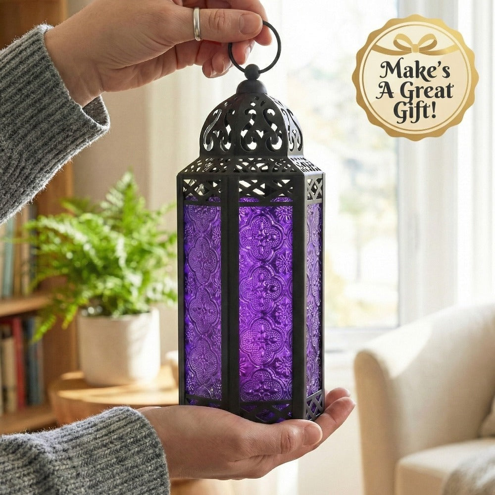 Moroccan Candle Lantern Holder - Decorative Metal & Glass Lantern with Embossed Floral Design for Indoor Home Decor, Garden, Patio, Weddings, Ramadan, Halloween & Holiday Celebrations - 10.5" Tall Medium Size