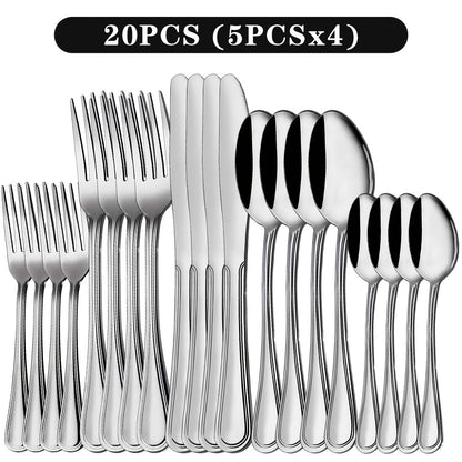 Stainless Steel Flatware Cutlery Set – Mirror Polished, Dishwasher Safe, Silver & Black Options, Service for 4 / 8 / 12 – Kitchen Utensil Set for Home, Restaurant & Wedding Gift