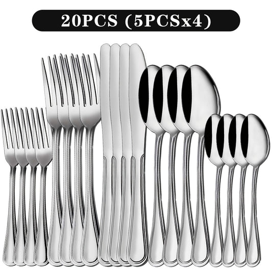 Stainless Steel Flatware Cutlery Set – Mirror Polished, Dishwasher Safe, Silver & Black Options, Service for 4 / 8 / 12 – Kitchen Utensil Set for Home, Restaurant & Wedding Gift