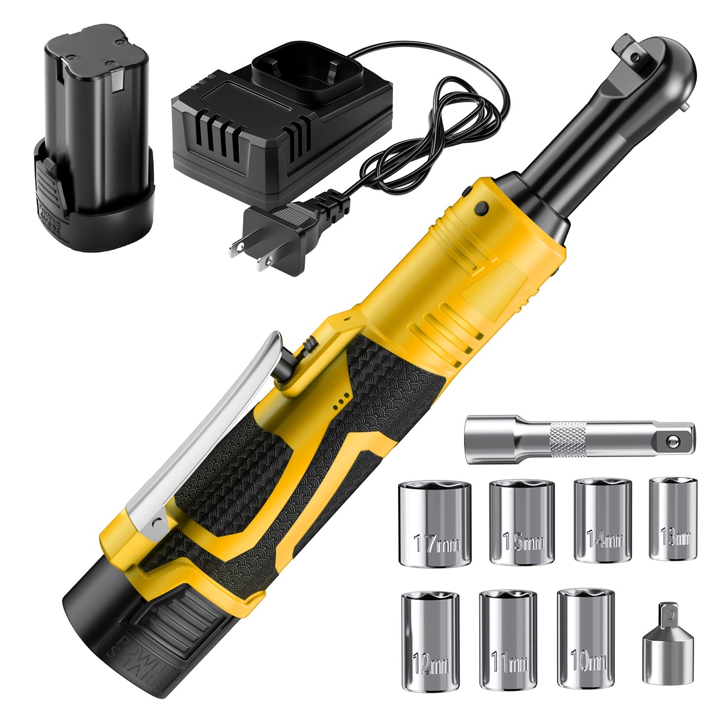 Cordless Electric Ratchet Wrench Set 3/8 inch Variable Speed Trigger Ergonomic Grip 9 Sockets Lithium-Ion Battery Powered for Car Repair Automotive Maintenance Home DIY Yellow 1 or 2 Battery Pack