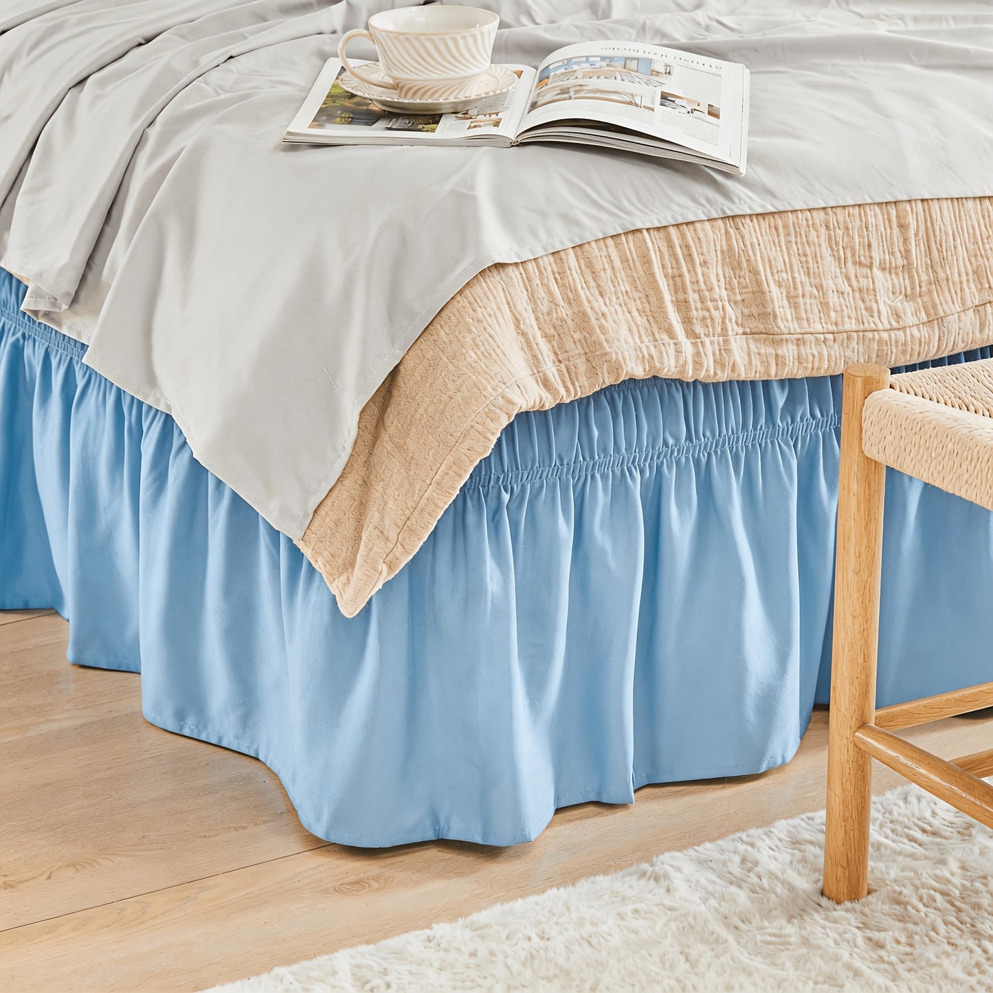 Bed Skirt with Adjustable Elastic Belt - Ruffle Microfiber Dust Ruffle 15 Inch Drop, Hotel Quality, Fade Resistant, Machine Washable, Easy Wrap Fit