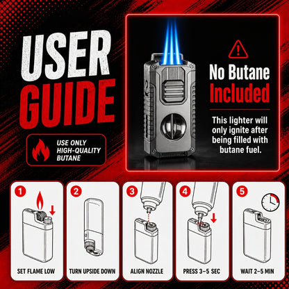Windproof Tri-Jet Flame Butane Lighter 5-in-1 Metal Refillable - Adjustable Flame Cigar Lighter with Transparent Gas Chamber for BBQ Camping Candles Gift