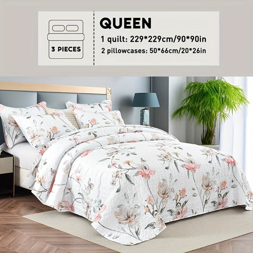 Reversible Floral Comforter Quilt Set – Soft Microfiber Botanical Bedding, Twin Full Queen King, All Seasons – White, Blue, Pink & More