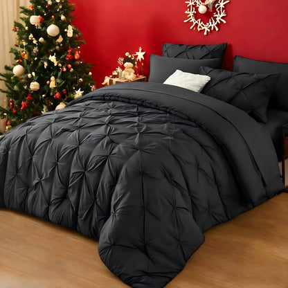 Comforter Set Luxurious Pleated 5/7pcs Bed in a Bag | Soft Plush Fiber Fill, Year-Round Warmth - Quilted Comforter, Flat & Fitted Sheet, Pillowcases & Shams, Complete Bedding Set Twin Full Queen King