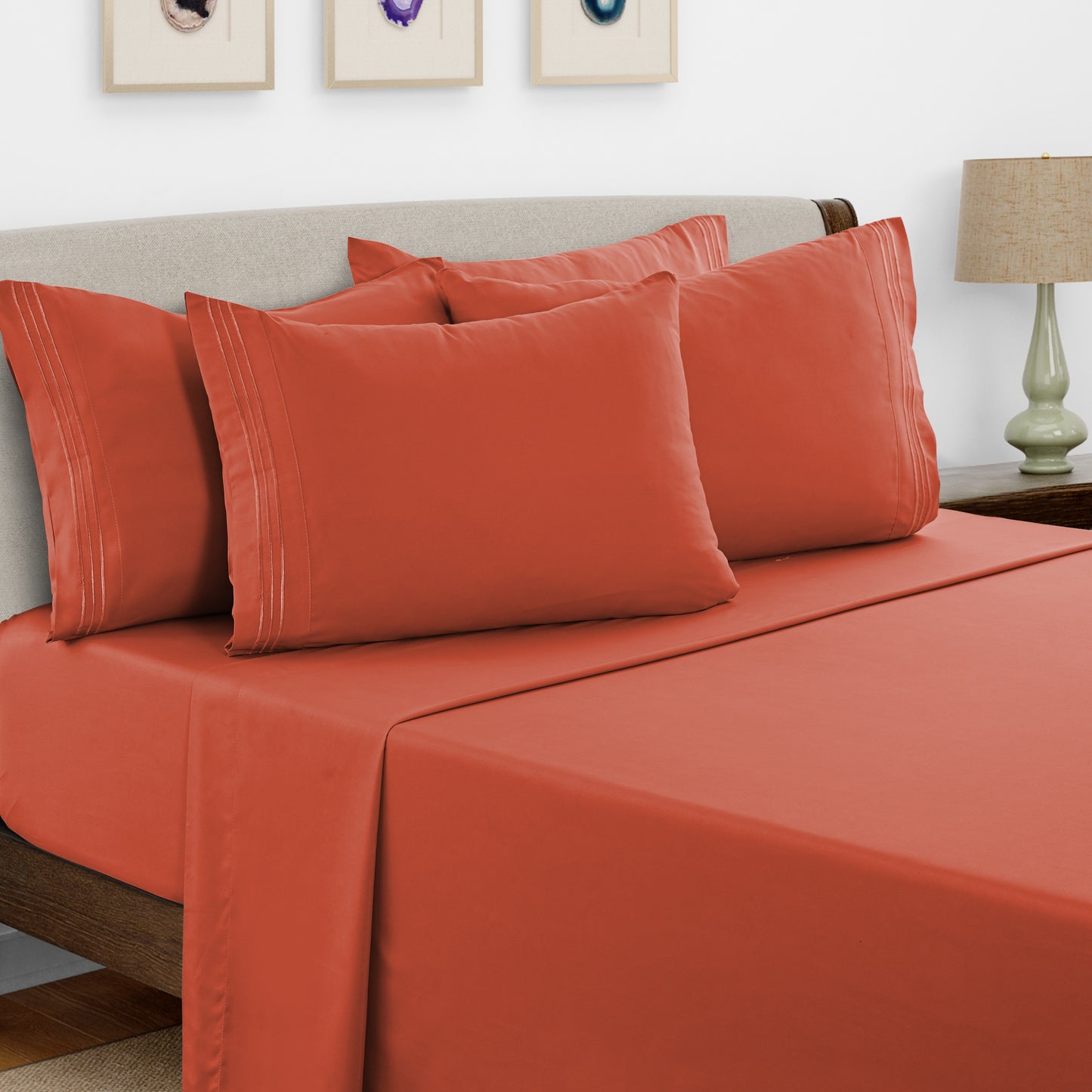 Bed Sheets Set 6 Piece - Soft Brushed Microfiber Fitted Sheet with 16" Deep Pocket, Flat Sheet & Embroidered Pillowcases, Hotel Luxury Cooling Bedding, All Seasons, 20 Colors