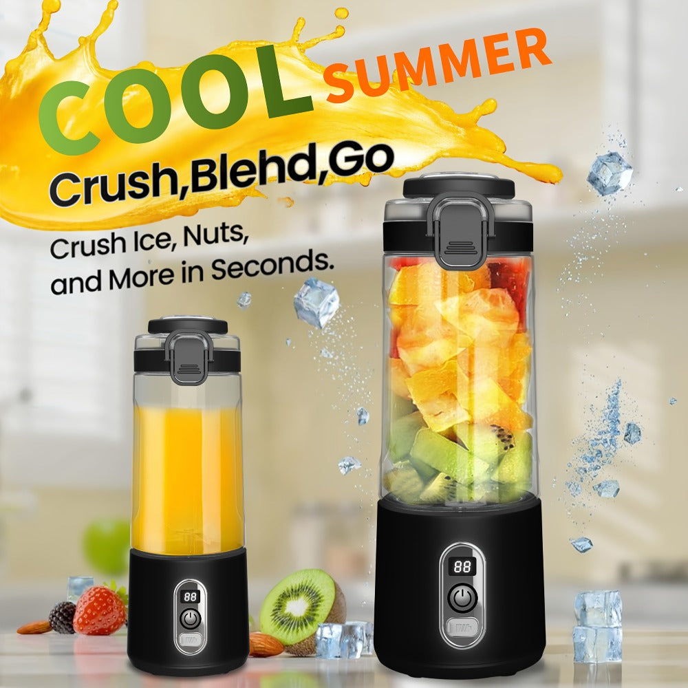 Portable Smoothie Blender USB-C Fast Charge 6-Blade Stainless Steel – Digital Timer Battery Display High-Speed Ice Crush No-Spill Lid | Protein Shake Gym Travel Blender in Black Pink White