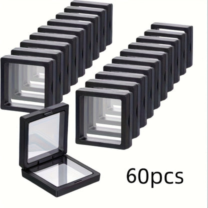 3D Floating Jewelry Display Box Bulk Set | Black Plastic Frame Clear Acrylic Panel Fabric-Lined Organizer for Jewelry Coins Collectibles – Secure Clasp Closure – 30 or 60 Pieces