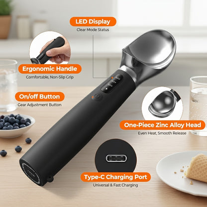 Heated Electric Ice Cream Scoop – USB-C Rechargeable with 3 Temperature Levels up to 158°F, Touch-Activated, IPX7 Waterproof, LED Display, Food Grade Stainless Steel, Ergonomic Design for Hard Ice Cream