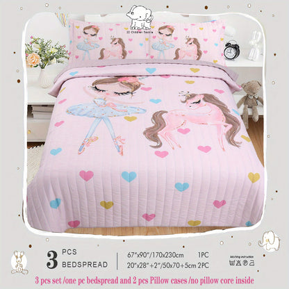 Kids Bedspread Set 3 Piece Pink Princess Pony Print Soft Comfortable Bedspread with 2 Pillowcases Girls Bedroom Decor Christmas Halloween Gift Core Not Included