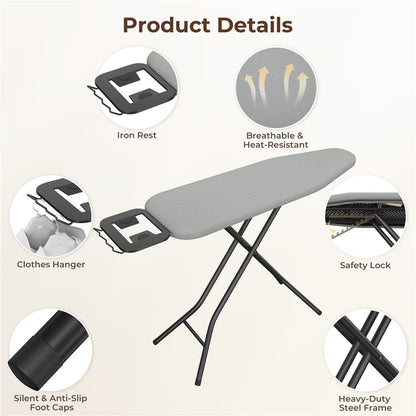 Ironing Board Full Size Adjustable Height Foldable Iron Board with 4-Leg Stand 4-Layer Thick Pad Iron Rest Safety Lock for Home Dorm Laundry Room