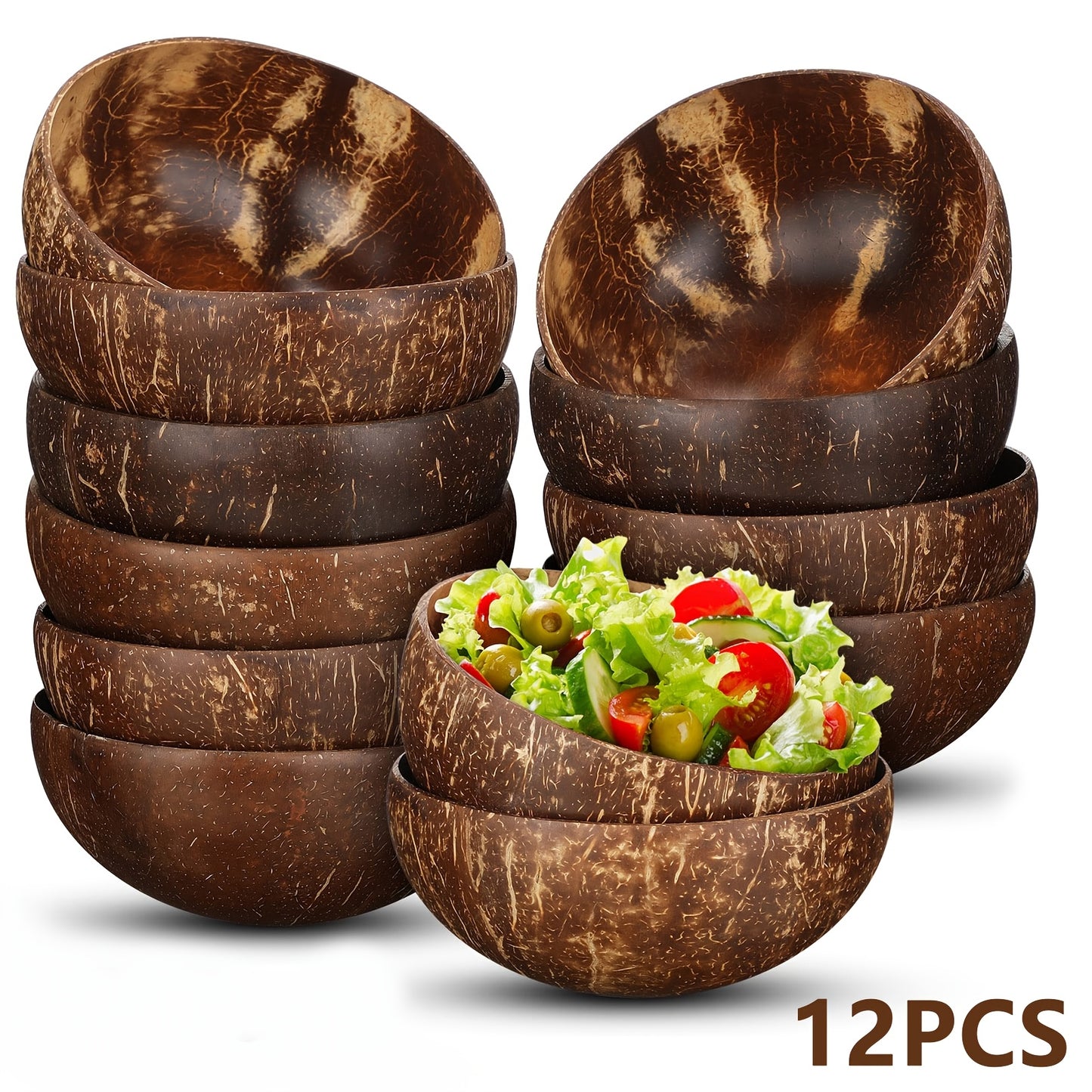 Coconut Shell Bowls Polished Handmade Natural Wooden Bowls for Smoothie, Acai, Fruit, Salad & Yogurt — Rustic Decorative Serving Bowls, Eco-Friendly Vegan Kitchen Gift | 3 or 12 Pack