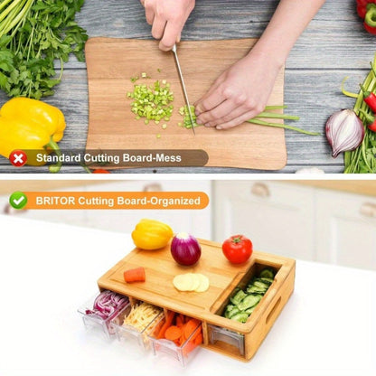 Bamboo Cutting Board with Trays & Drawers – Large Butcher Block Chopping Board with Food Sliding Opening, Stackable Airtight Storage Trays & Bamboo Lids – Kitchen Carving Board Gift for Home Cooks