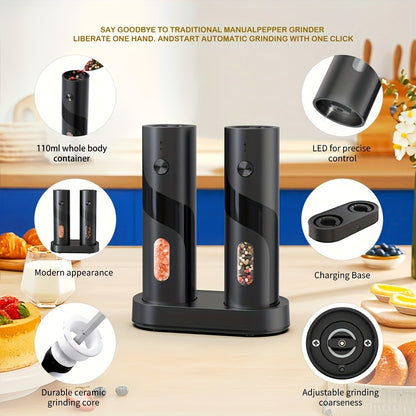 Electric Salt and Pepper Grinder Set with LED Light, Rechargeable Automatic Salt Pepper Mill, Adjustable Coarseness 3.72oz Large Capacity, Kitchen BBQ Restaurant Outdoor Wedding Gift