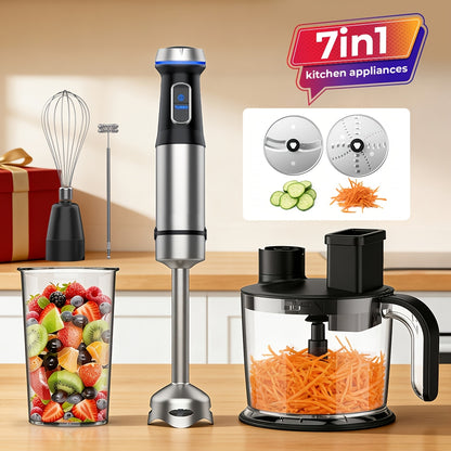 Immersion Blender 7-in-1 Hand Blender, 15-Speed & Turbo Mode, Stainless Steel Stick Blender with 50oz Food Processor, Whisk, Milk Frother & 4 More Attachments – Complete Kitchen Blending Set