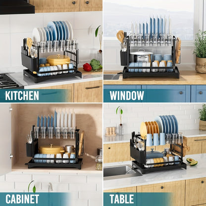 2-Tier Metal Dish Drying Rack with Drainboard – Kitchen Counter Dish Drainer Compact Countertop Drying Rack Black White Gray