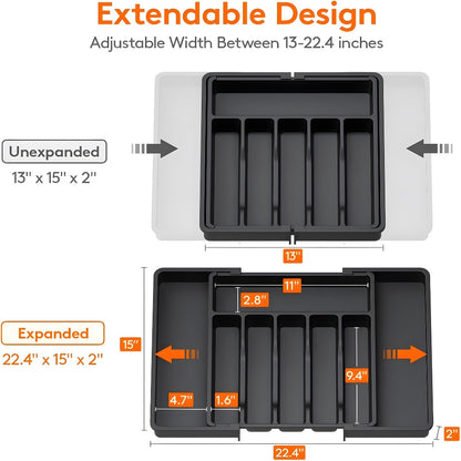 Silverware Organizer Adjustable Drawer Organizer | Utensil & Cutlery Storage Tray for Kitchen Drawer | Expandable Knife Fork Spoon Holder 22.4" x 15" x 2" | Kitchen Organization & Storage in Black Grey White