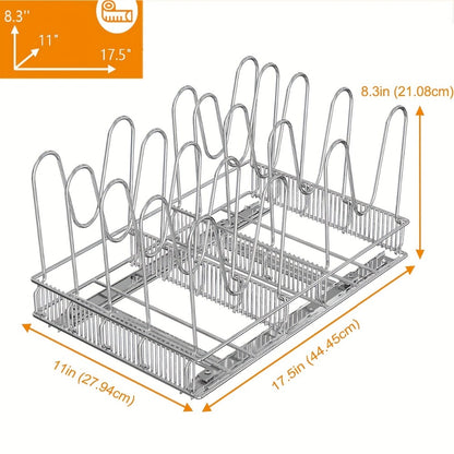Cabinet Pot & Pan Organizer Rack with 10 Adjustable Dividers, 11"W x 17.5"D x 8.3"H, Chrome Steel Kitchen Storage