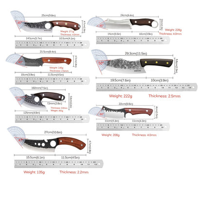 Viking Chef Knife Set 3/4pcs Hammered Stainless Steel Kitchen Knives – Boning, Utility & BBQ Knife with Wooden Handle for Cooking, Camping & Outdoor