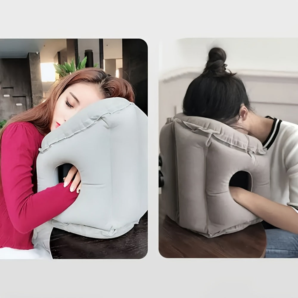 Inflatable Travel Pillow with Carrying Case – Ergonomic Neck & Head Support for Airplane, Car, Train, Office Nap & Camping, Compact Lightweight Flocking Fabric Pillow