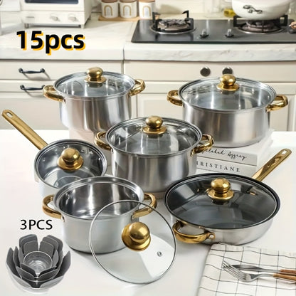 304 Stainless Steel Cookware Set with Golden Handles, 1/10/15pcs Deep Thick Soup Pot & Pan Set for Induction & Gas Stoves, Outdoor Camping & Kitchen Cooking, Pink, Silver & Orange