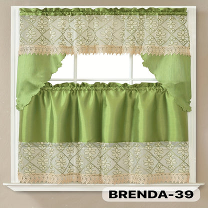 Kitchen Curtains 3 Piece Set Embroidered Satin Valance and Tiers - Rod Pocket Light Filtering Machine Washable 46 Colors Available All Season Home Decor