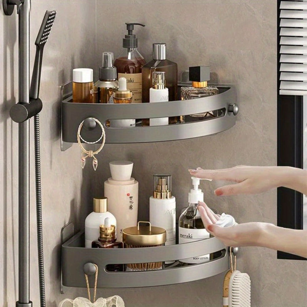 Corner Shower Shelf 2-Layer Nail-Free Bathroom Caddy – No Drill Plastic Shampoo Holder & Organizer for Shower, Bathtub & Bathroom Wall | Drainage Design, Strong Load-Bearing