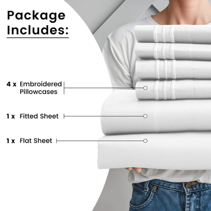 Fitted Sheet Set 6-Piece Brushed Polyester Deep Pocket Bed Sheets 20 Colors Hotel Luxury Soft Bedding with Embroidered Pillowcases
