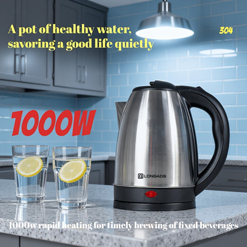 Electric Kettle Stainless Steel 2L Large Capacity - 1000W Fast Boiling Water Kettle with Seamless Interior Safe Odor-Free Design for Family Kitchen Gatherings 67.63oz Black