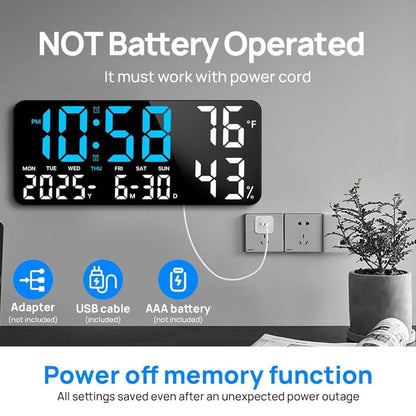 Large Digital Wall Clock with Remote Control – 14.6" LED Display Dual Alarm Clock with Night Light, Temperature, Humidity, Date & Week – RGB Color-Changing Bedroom & Living Room Clock Gift for Elderly