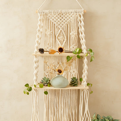 Macrame Wall Hanging with Tassel, Boho Woven Wall Decor for Living Room Bedroom Balcony, Two-Layer Lace Plant Hanger for Photo Frames & Small Plants – Bohemian Home Decor Wall Art