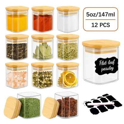 Spice Glass Jars Set with Labels 12pcs, Square Glass Spice Jars with Bamboo Lids, Sticker Labels, 5oz 7oz 9oz Food Storage Containers