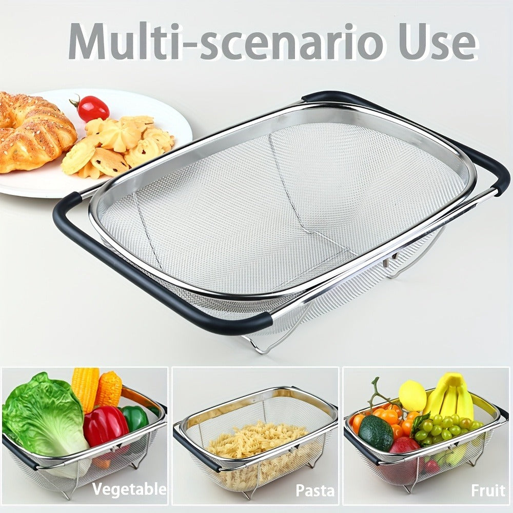 Expandable Sink Colander Stainless Steel – Over the Sink Strainer Basket with Fine Mesh & Rubber Grip, Adjustable Kitchen Drain Strainer for Vegetables, Fruits & Pasta, Small & Large Size