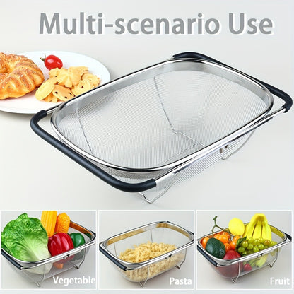 Expandable Sink Colander Stainless Steel – Over the Sink Strainer Basket with Fine Mesh & Rubber Grip, Adjustable Kitchen Drain Strainer for Vegetables, Fruits & Pasta, Small & Large Size