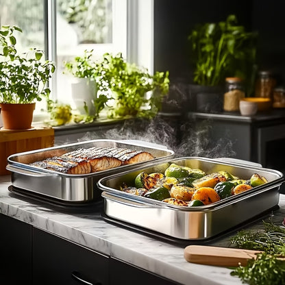 Stainless Steel Baking Sheet Pan Set with Lids, Heavy Duty Nonstick Oven Trays & Roasting Pans for Baking Bread Desserts Seafood, Thickened Rectangular Baking Pans, 4pcs / 8pcs / Extra Large Deep Dish