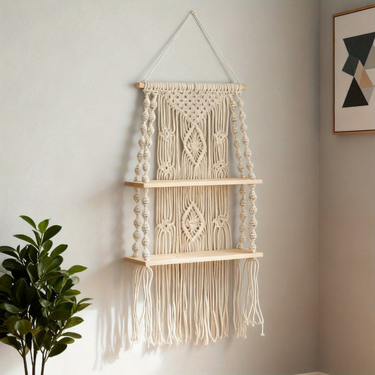 Macrame Wall Hanging with Tassel, Boho Woven Wall Decor for Living Room Bedroom Balcony, Two-Layer Lace Plant Hanger for Photo Frames & Small Plants – Bohemian Home Decor Wall Art