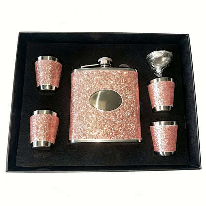 Flask Set for Women 6oz Leather Wrapped Stainless Steel Hip Flask Gift Set with 4 Cups and Funnel Pink Orange Blue Holiday Christmas Valentine Gift for Girlfriend Mom