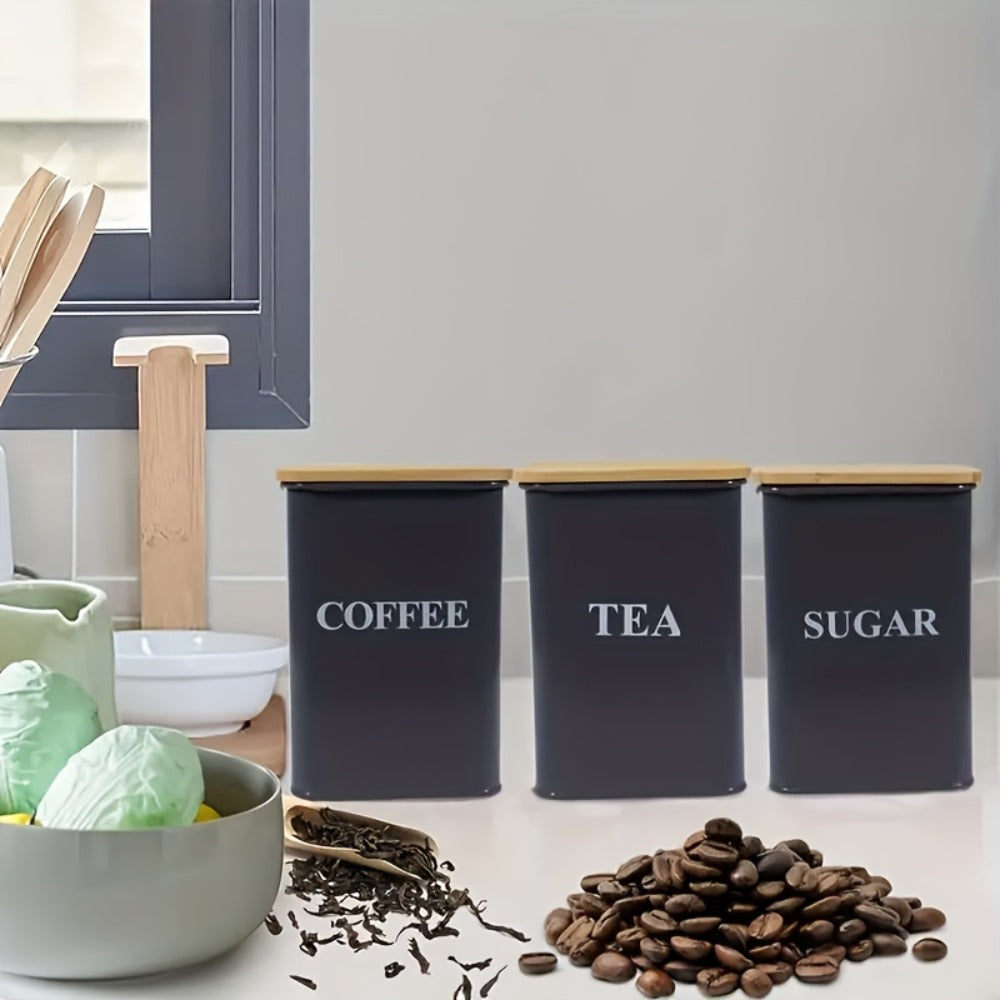 3-Piece Metal Kitchen Canister Set with Wooden Lids – Coffee Tea Sugar Storage Jars, Airtight Kitchen Organizer Tins, Black or White Home Decor Gift Set