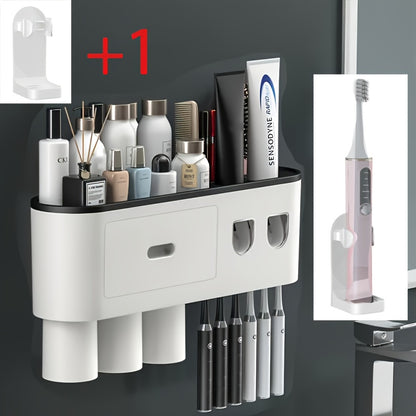 Wall Mounted Toothbrush Holder with Automatic Toothpaste Dispenser - 3 Cups Bathroom Organizer, Space-Saving Toothbrush Cup Holder for Family, Black & Gray