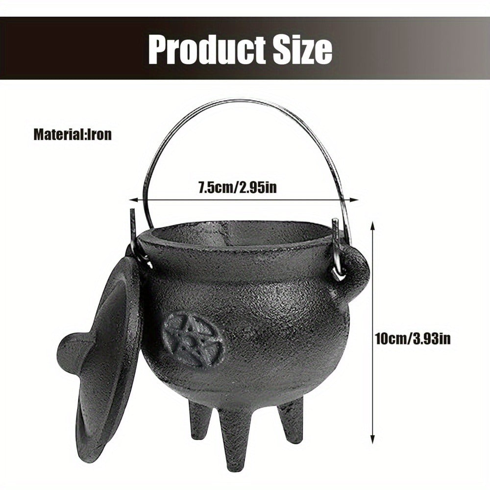 Cast Iron Cauldron with Lid & Handle – Witchcraft Incense Burner, Spell Ritual Pot, Halloween Decor, Pentagram & Triple Moon Styles, Pagan Altar Cauldron